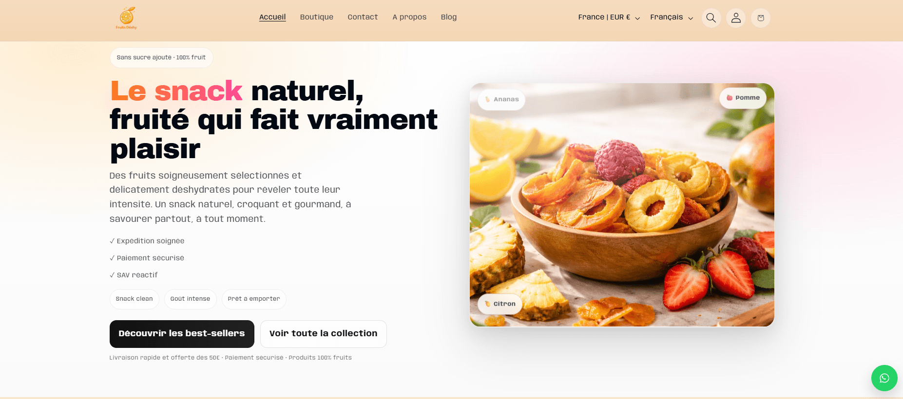 Boutique Shopify Fruits Deshy spécialisée dans les fruits déshydratés.